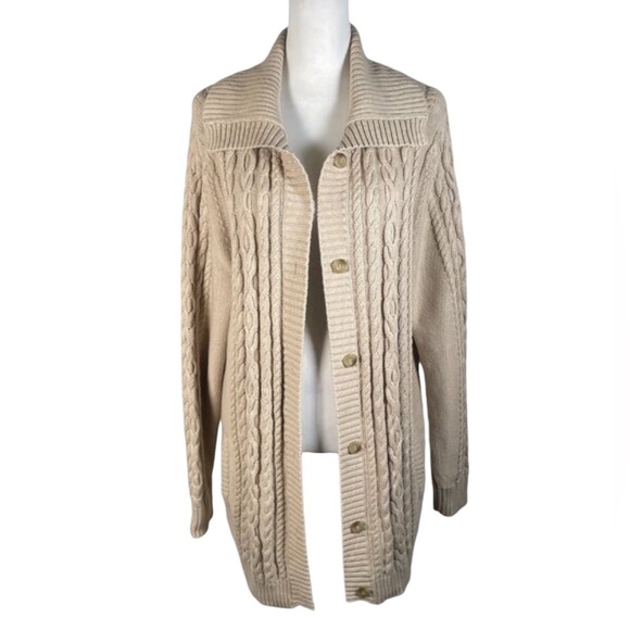 LL Bean Tan Beige Collared Button Down Cable Knit Long Sleeve Cardigan XL - Picture 1 of 14